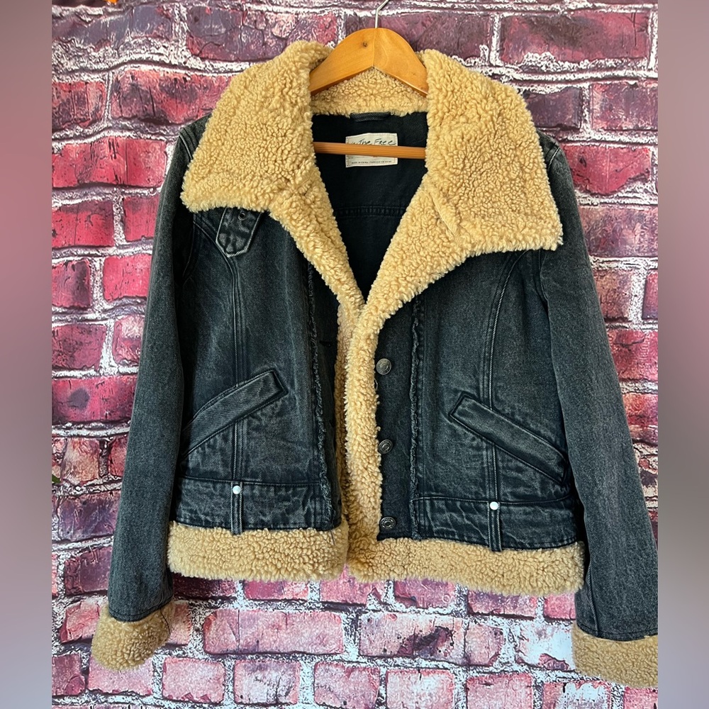 Free People We The Free Rylee Cozy Moto Jacket L Washed Black Sherpa